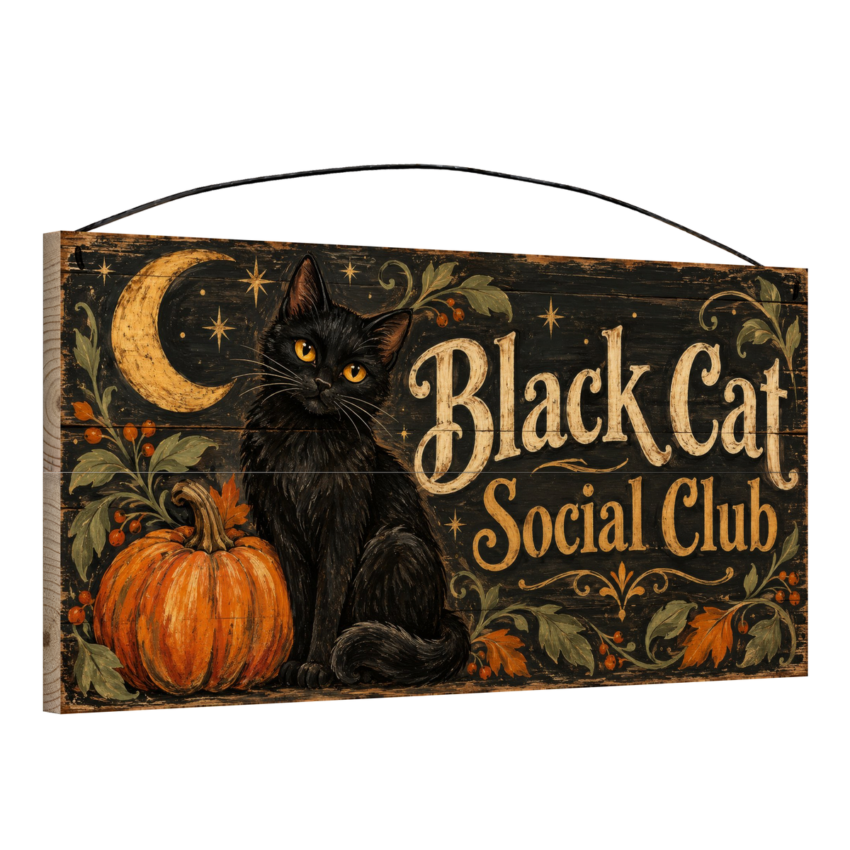 Black Cat Social Club 7x14 wood sign, angle view