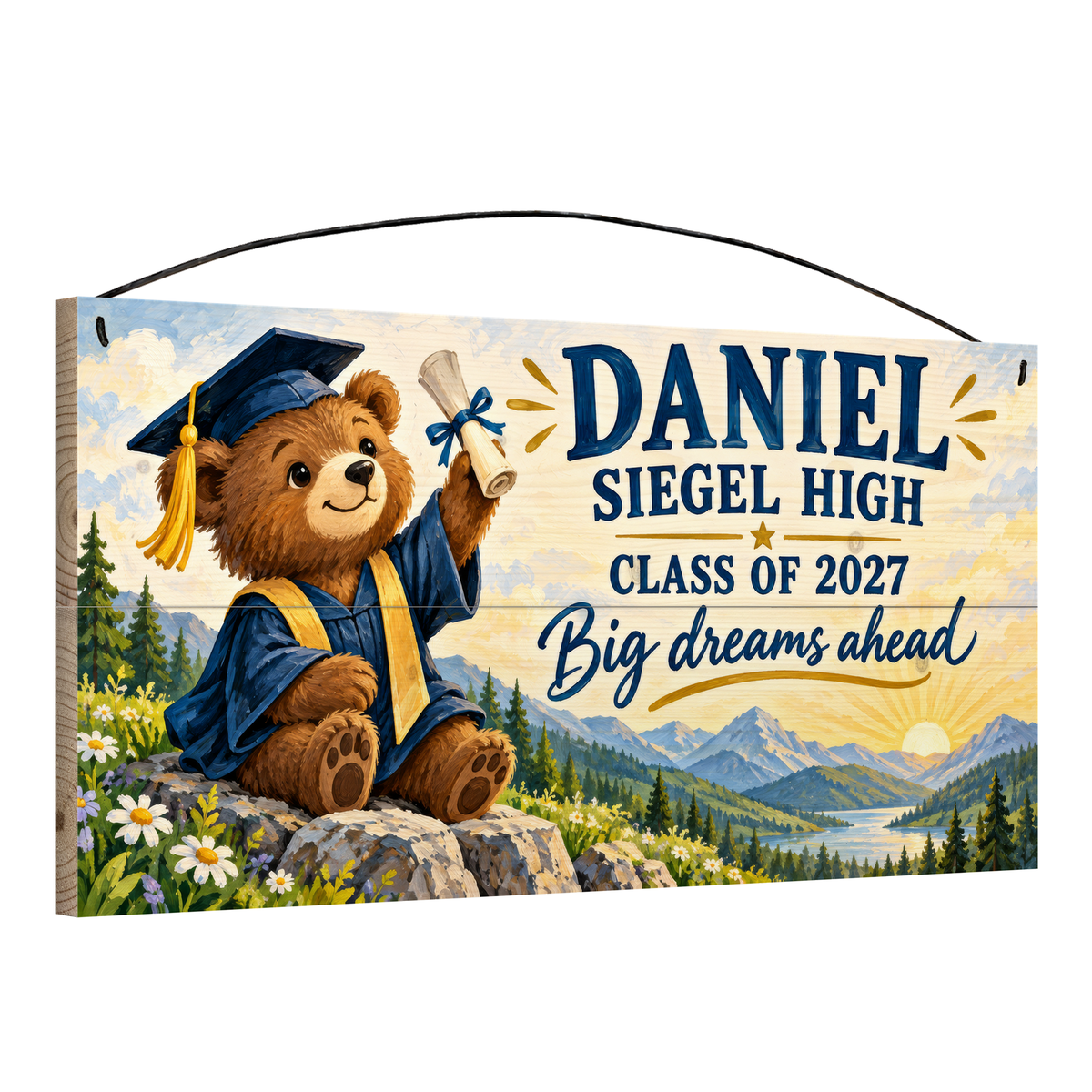 Angled view of the personalized Big Dreams Ahead graduation 7 x 14 in pine wood sign, showing the board thickness and wire hanger