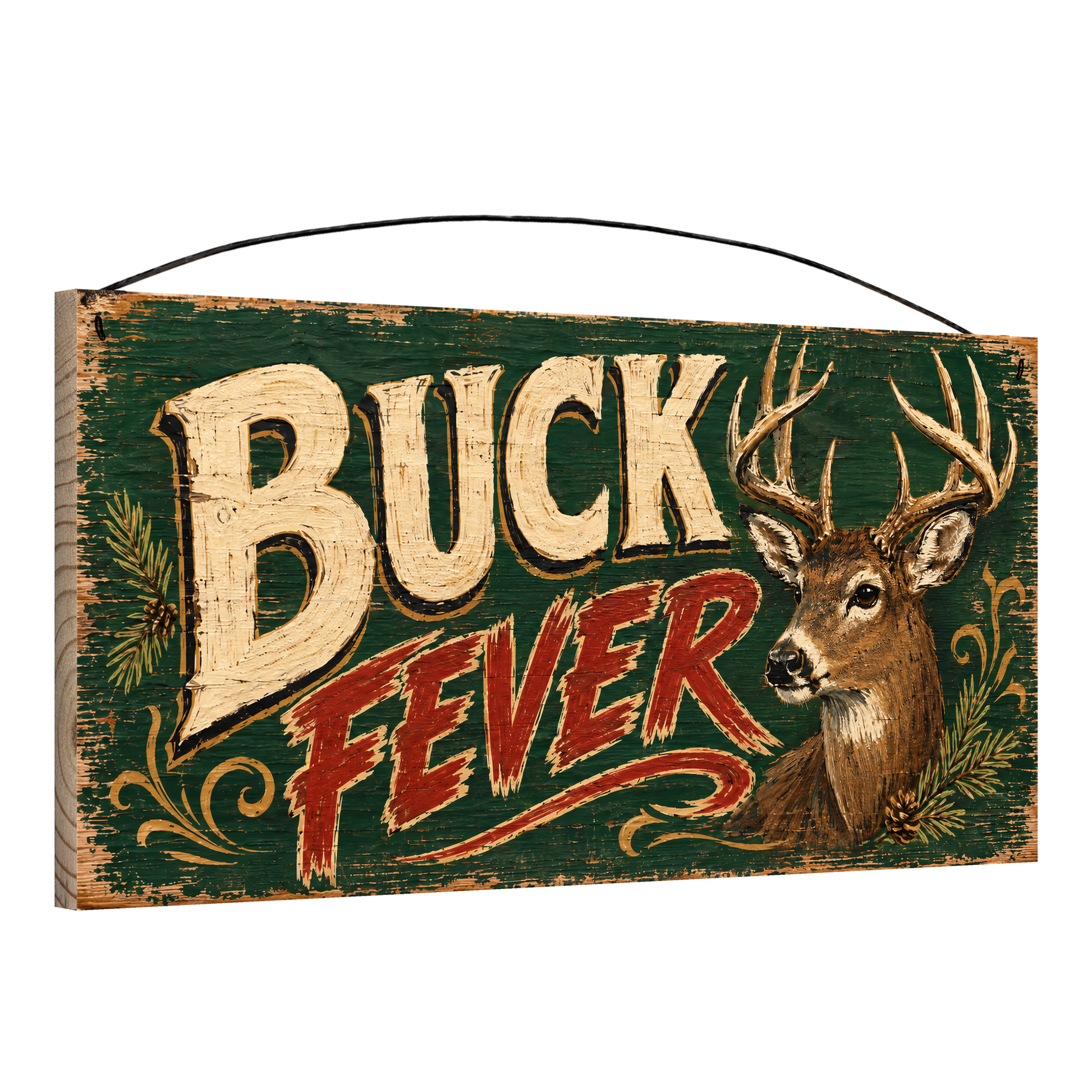 Angled view of the Buck Fever 7 x 14 pine wood sign showing the board edge and hanging wire