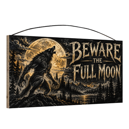 Beware the Full Moon 7x14 wood sign, angle view