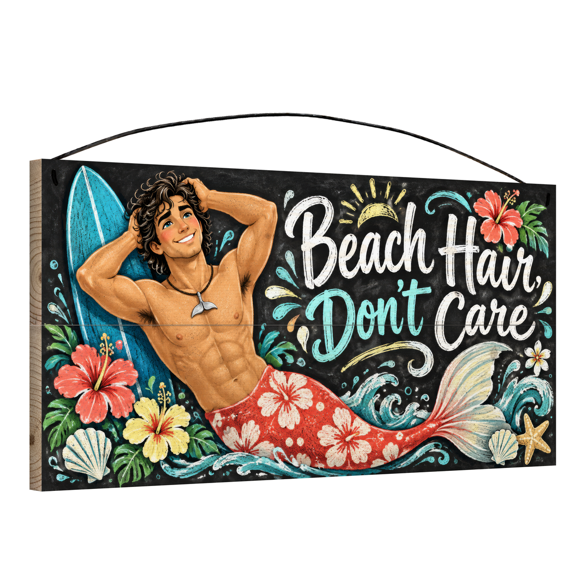 Angled view of the Beach Hair Don't Care Merman Wood Sign 7 x 14 pine wood sign showing the board edge and hanging wire