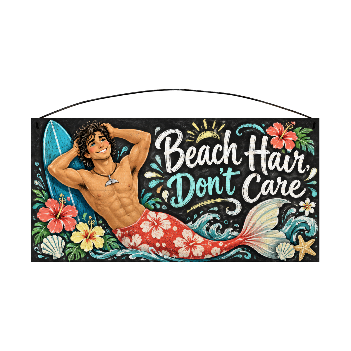 Beach Hair Don't Care Merman Wood Sign 7 × 14 wood sign — solid pine