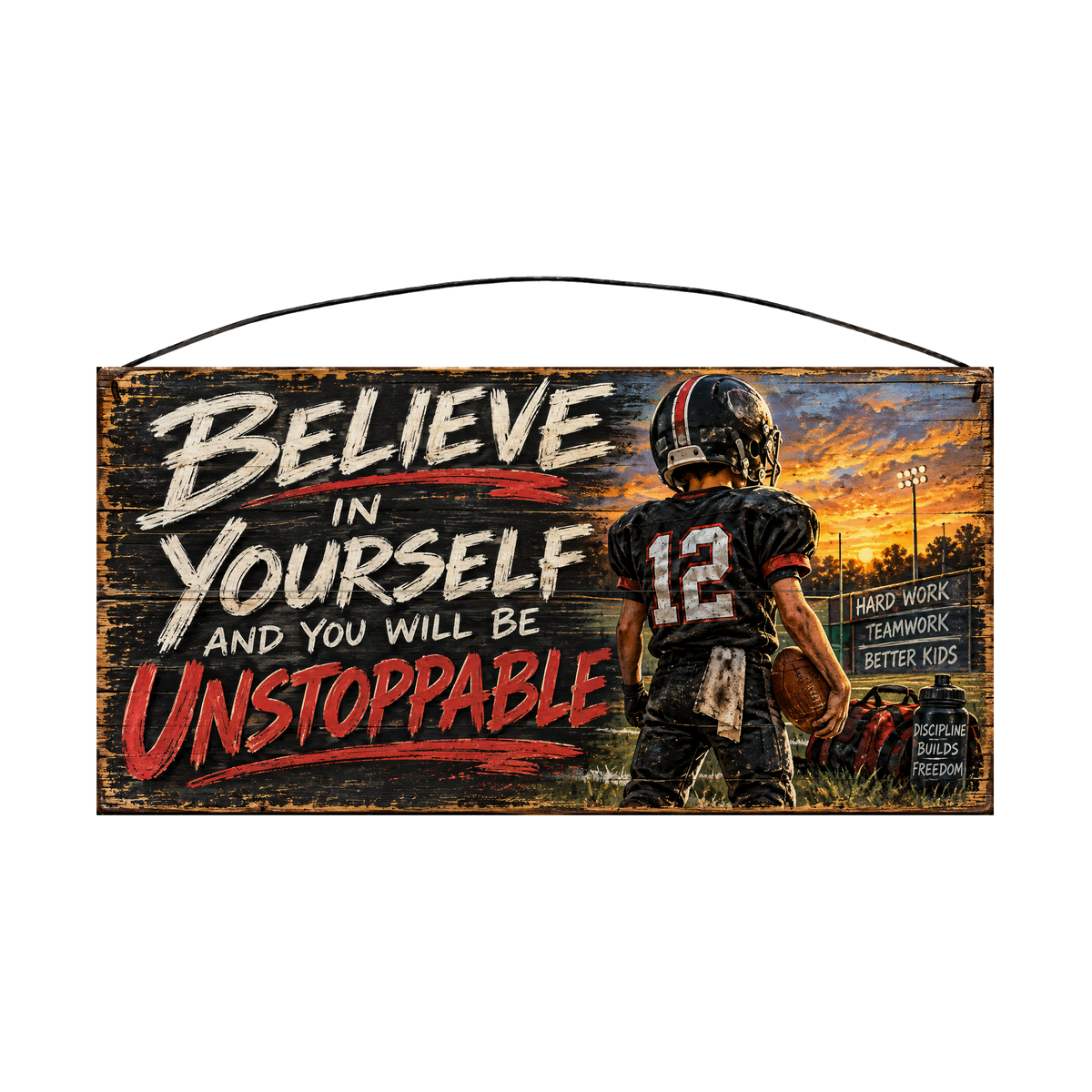 Believe in Yourself and You Will Be Unstoppable Red Jersey Football Wood Sign, 7×14 — solid pine