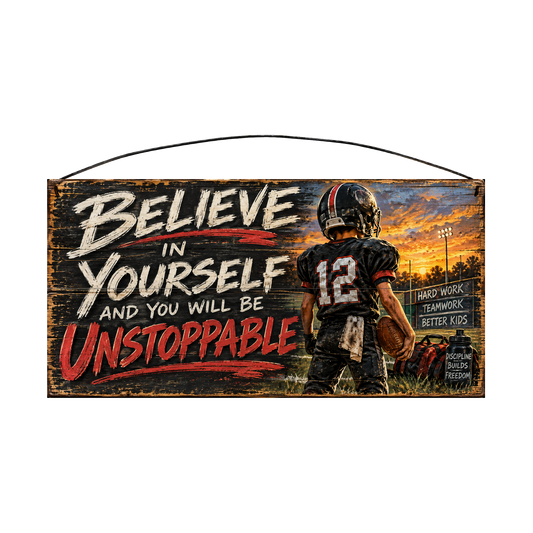 Believe in Yourself and You Will Be Unstoppable Red Jersey Football Wood Sign, 7×14 — solid pine