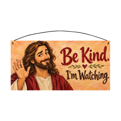 Be Kind I'm Watching wood sign, 7x14, front view