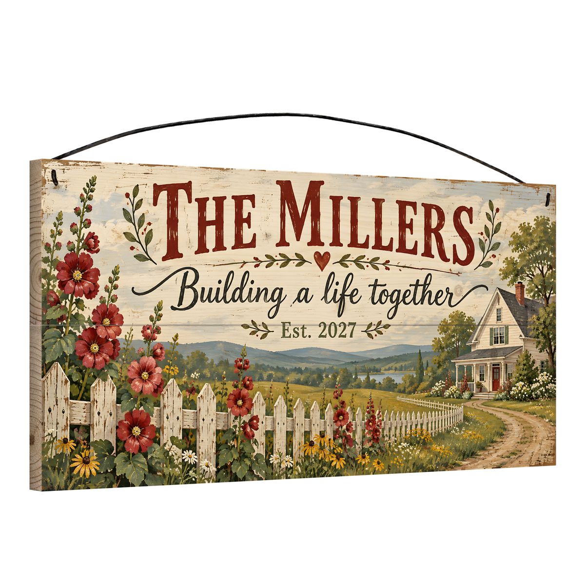 Personalized Building a Life Together Wood Sign — angle view showing the pine edge and wire hanger