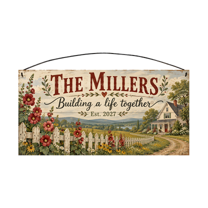 Personalized Building a Life Together Wood Sign — front, shown with sample wording