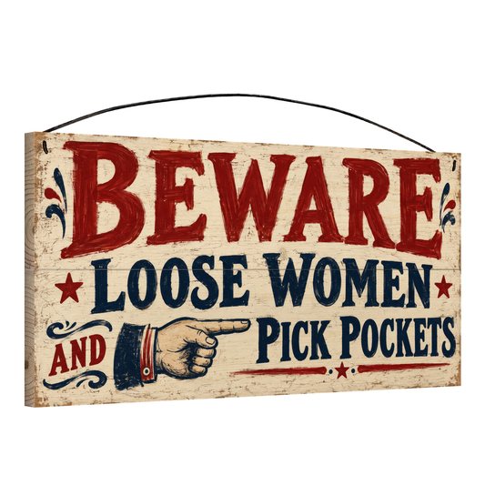Beware Loose Women and Pick Pockets 7x14 wood sign, angle view