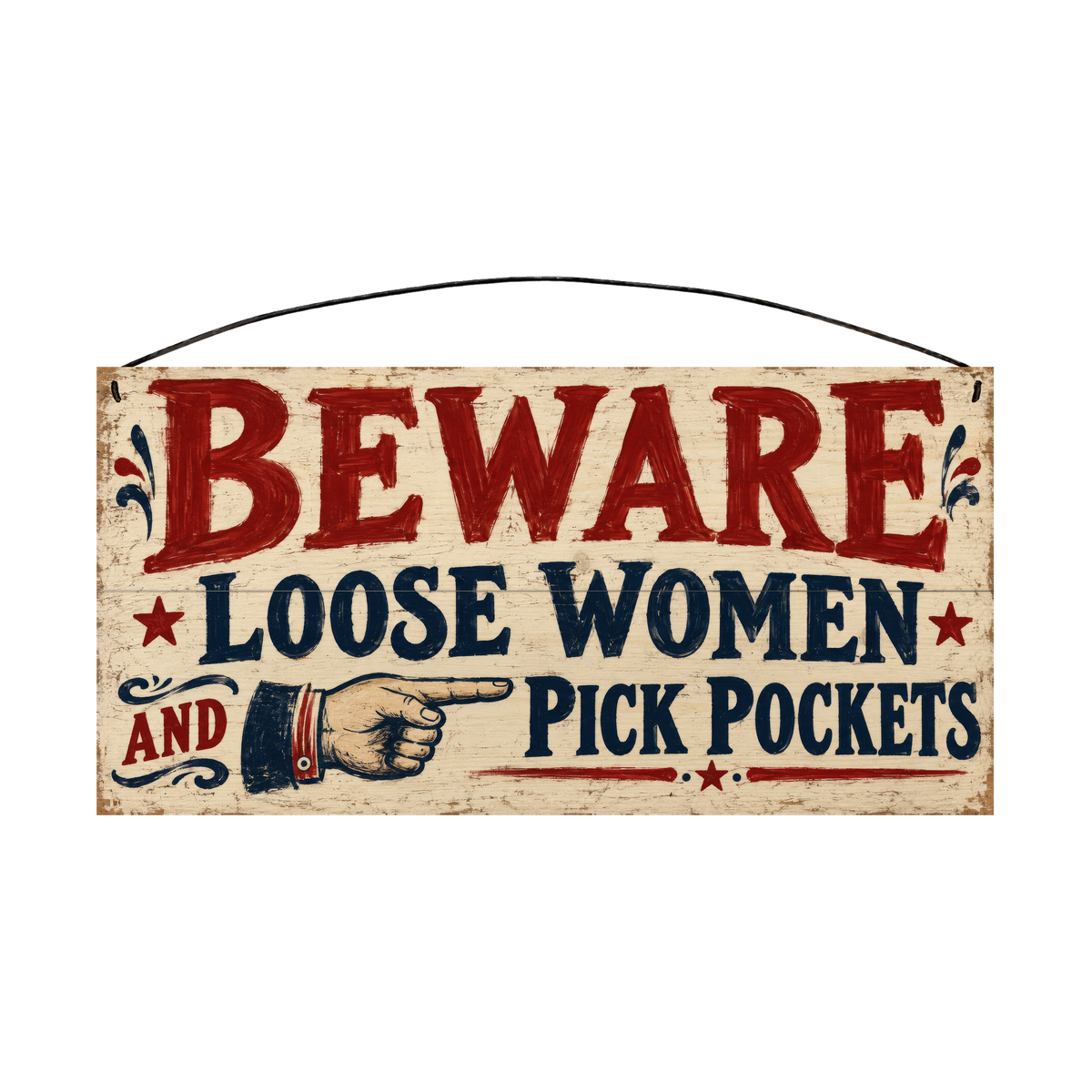 Beware Loose Women and Pick Pockets 7x14 wood sign, front