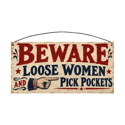 Beware Loose Women and Pick Pockets 7x14 wood sign, front
