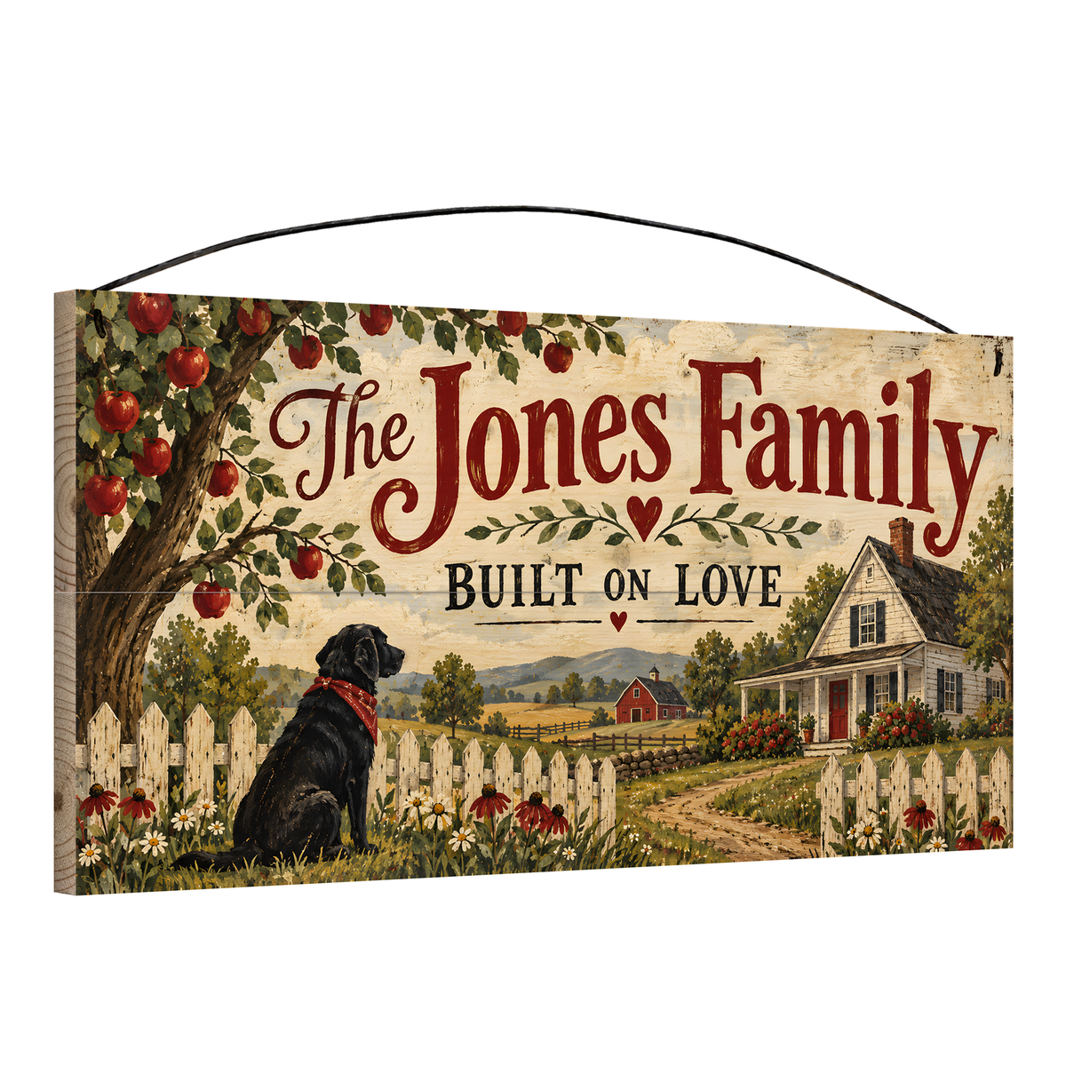 Personalized Built on Love Farmhouse & Black Dog Wood Sign — angle view showing the pine edge and wire hanger
