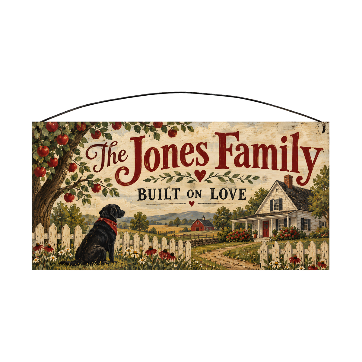 Personalized Built on Love Farmhouse & Black Dog Wood Sign — front, shown with sample wording