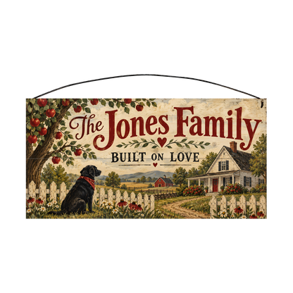 Personalized Built on Love Farmhouse & Black Dog Wood Sign — front, shown with sample wording