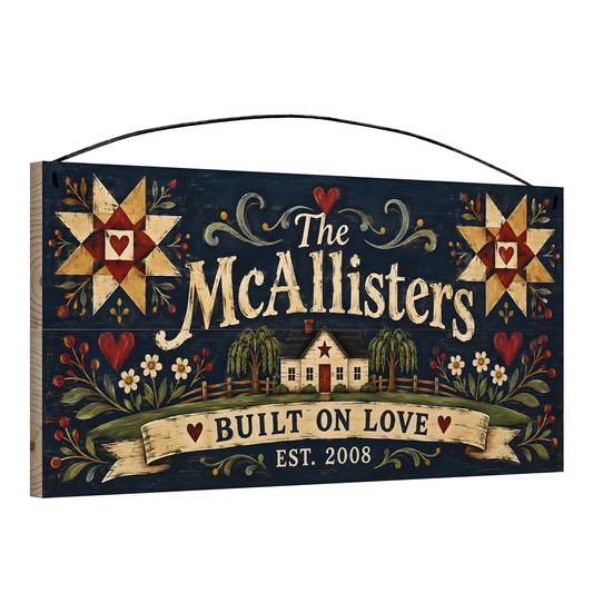 Personalized Built on Love Navy Folk Art Quilt Star Wood Sign — angle view showing the pine edge and wire hanger