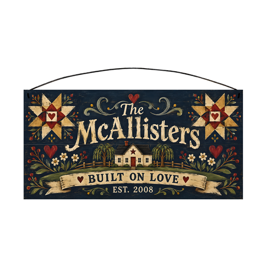 Personalized Built on Love Navy Folk Art Quilt Star Wood Sign — front, shown with sample wording
