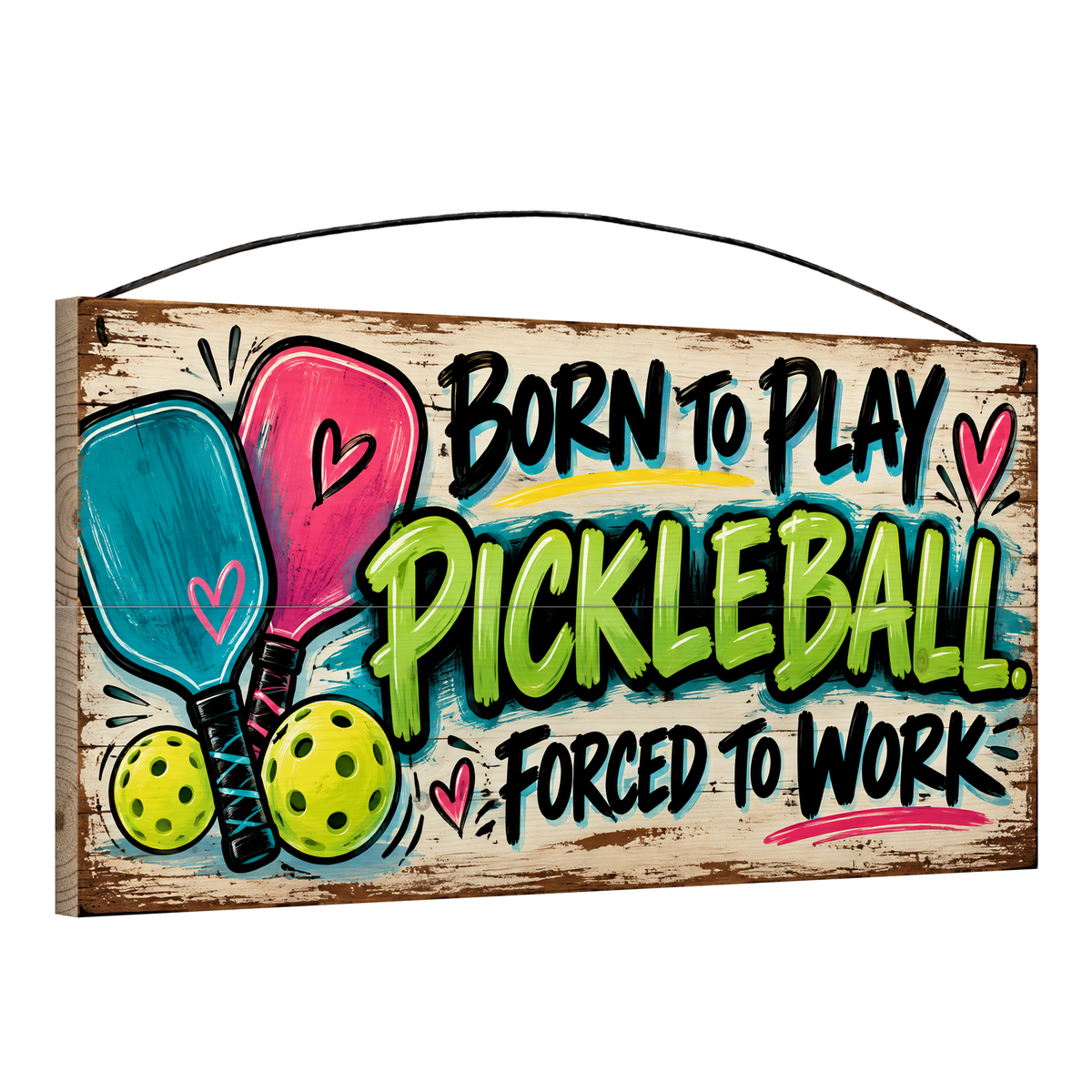 Angled view of the Born to Play Pickleball Forced to Work 7 x 14 in pine wood sign, showing the board thickness, slat ends and wire hanger