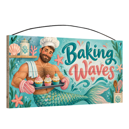 Angled view of the Baking Waves Merman Baker Wood Sign 7 x 14 pine wood sign showing the board edge and hanging wire