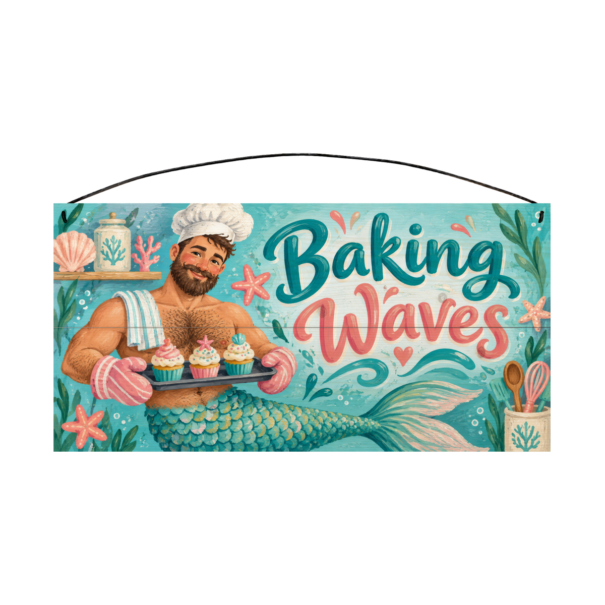Baking Waves Merman Baker Wood Sign 7 × 14 wood sign — solid pine