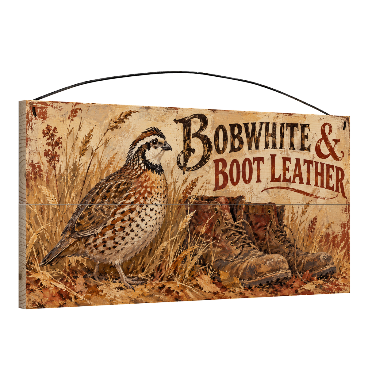 Bobwhite & Boot Leather 7x14 pine wood sign, angled view showing the edge and wire hanger