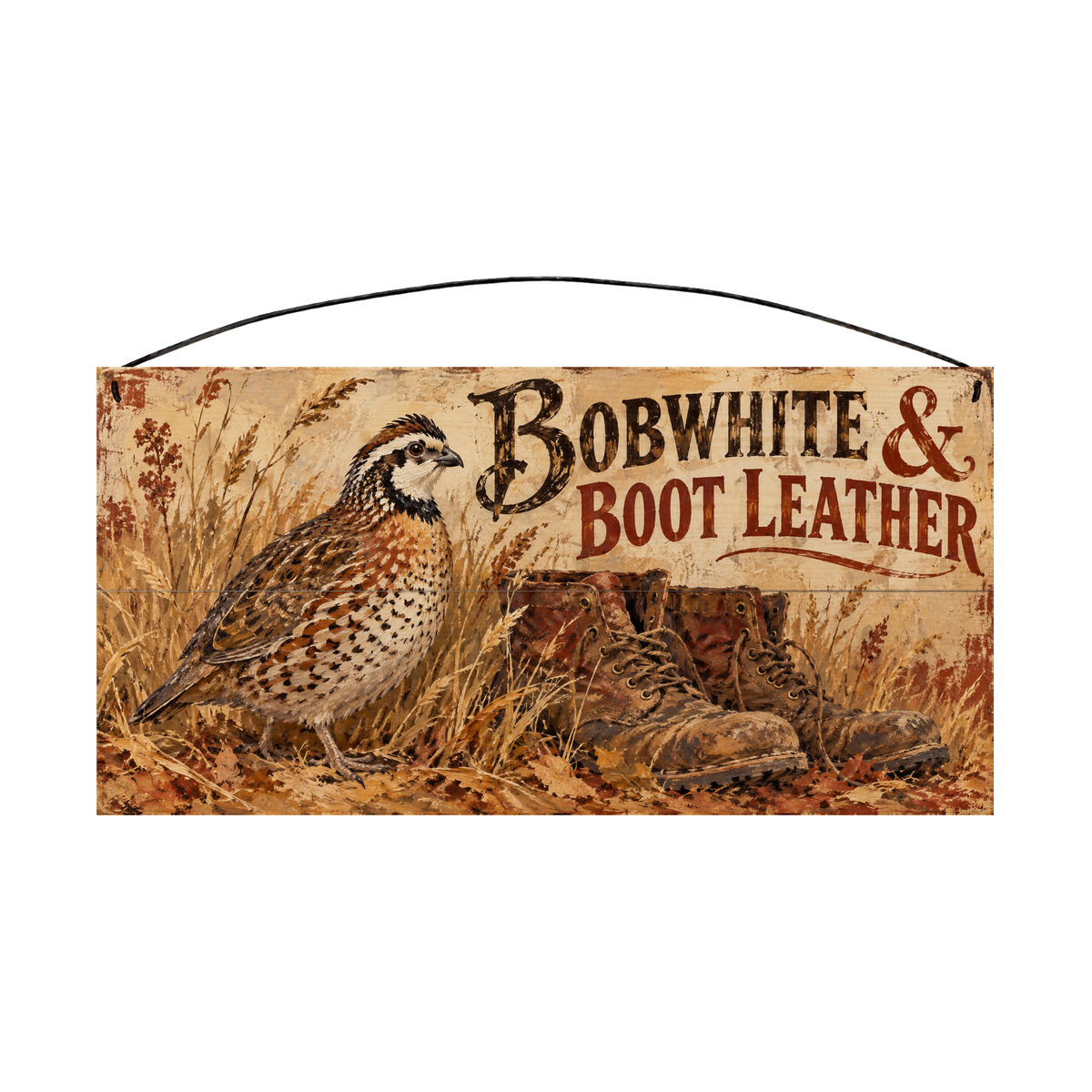 Bobwhite & Boot Leather 7x14 pine wood sign, front view