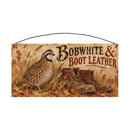 Bobwhite & Boot Leather 7x14 pine wood sign, front view