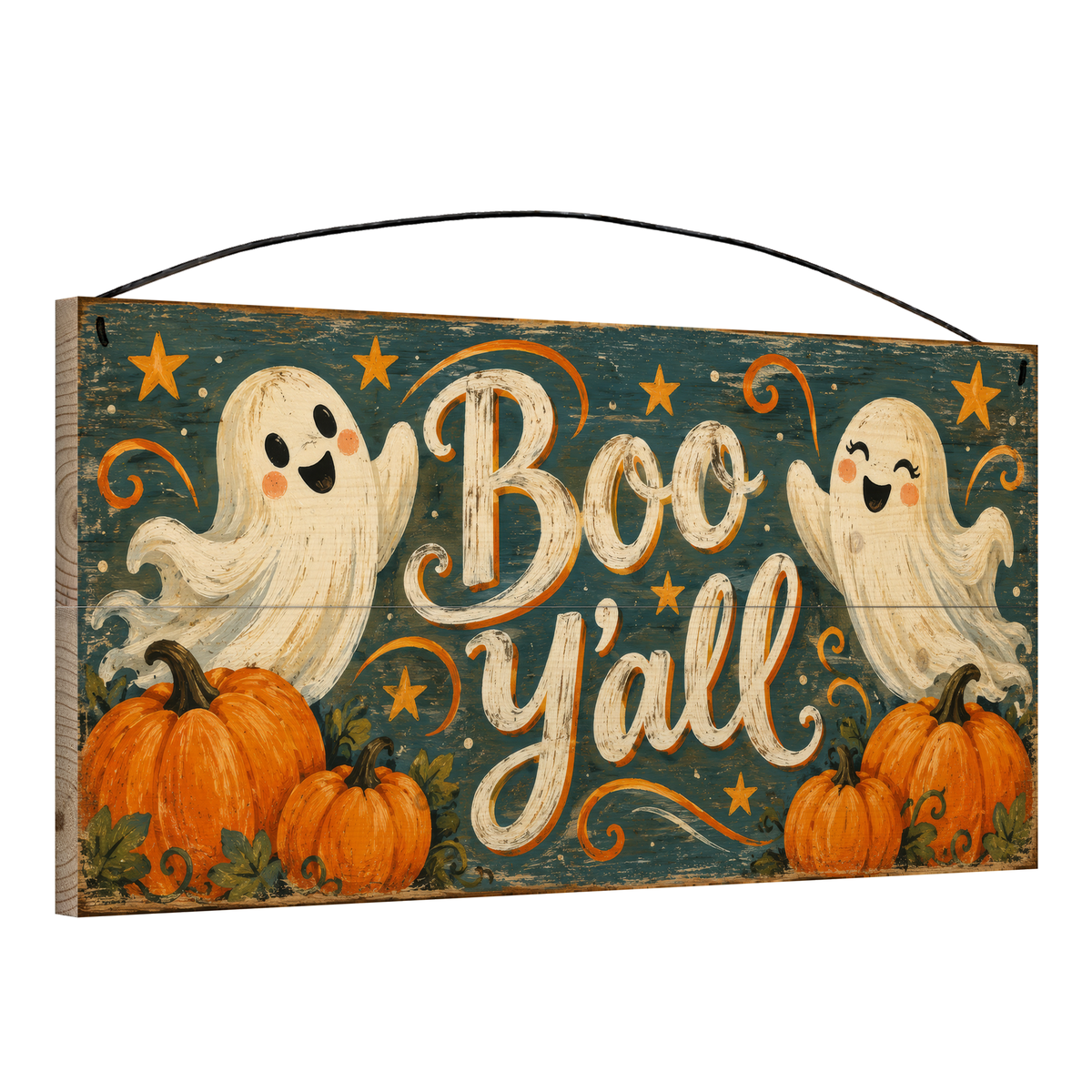 Boo Y'all 7x14 wood sign, angle view
