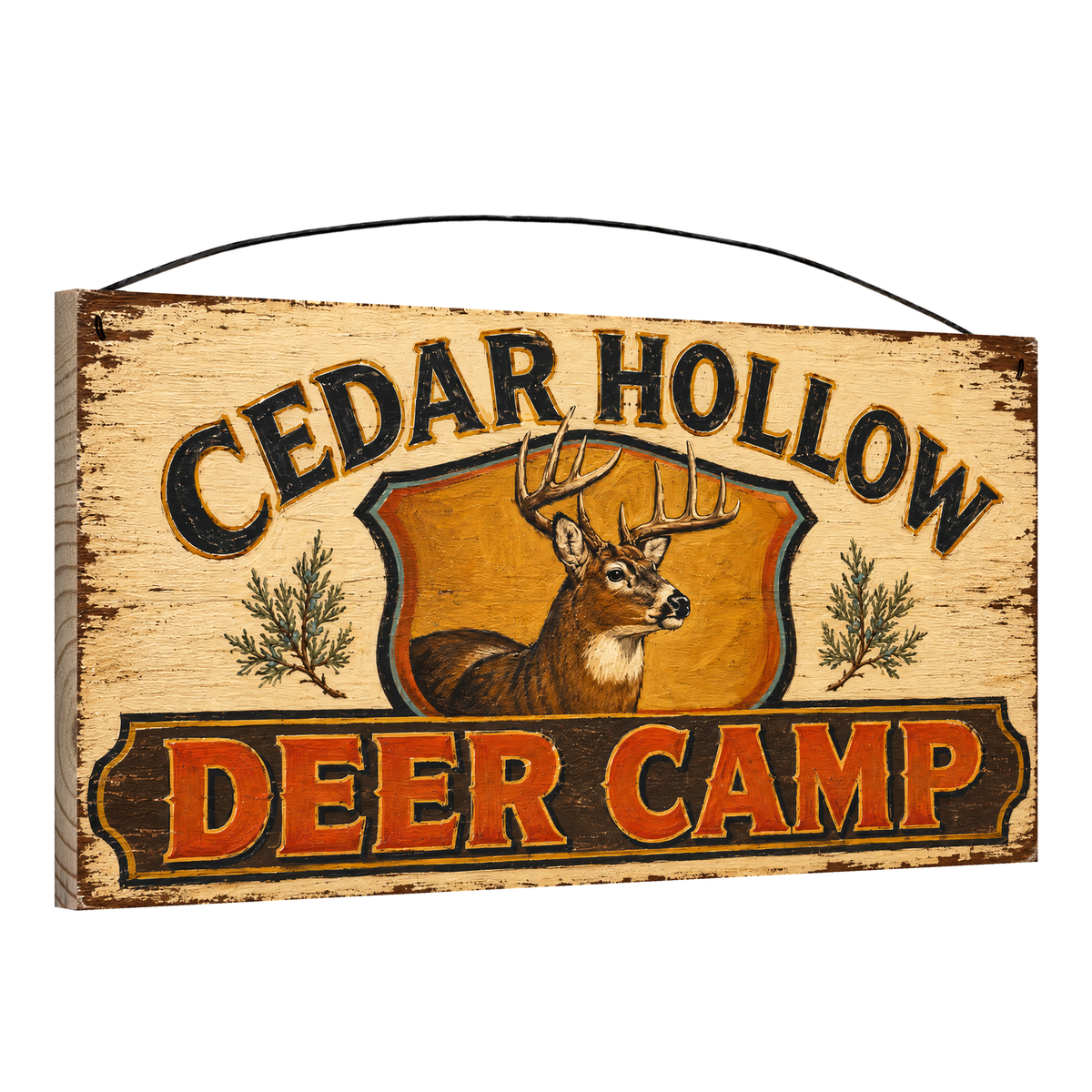 Angled view of the Cedar Hollow Deer Camp 7 x 14 pine wood sign showing the board edge and hanging wire