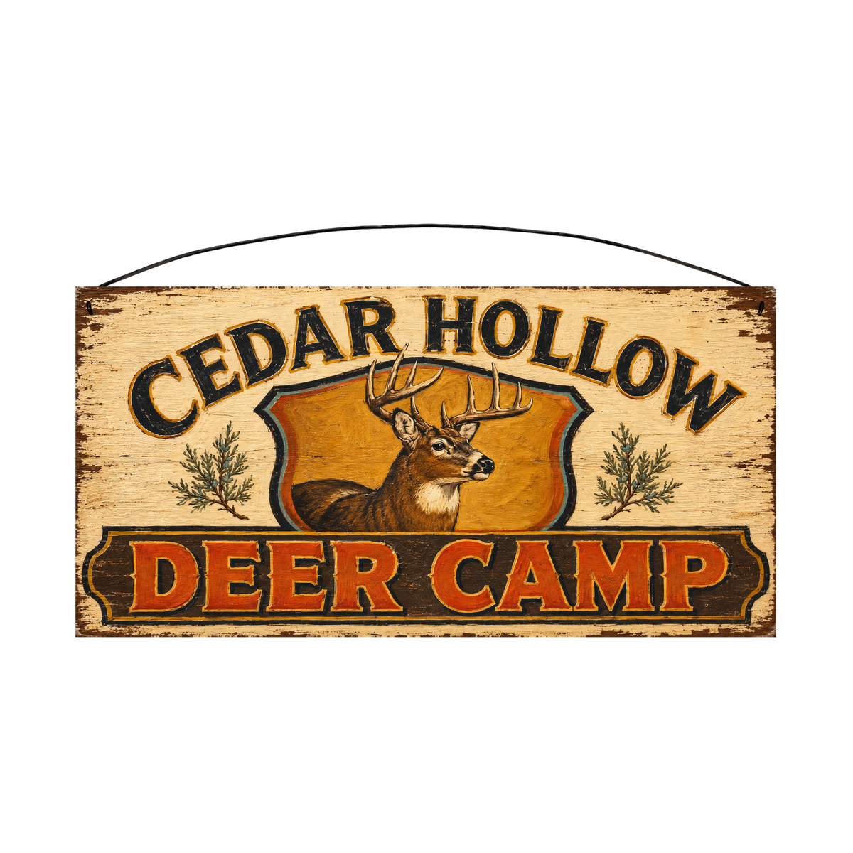 Cedar Hollow Deer Camp whitetail wood sign, 7 x 14 inches — solid pine