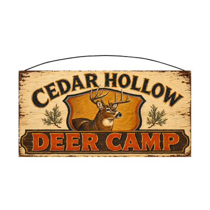 Cedar Hollow Deer Camp whitetail wood sign, 7 x 14 inches — solid pine