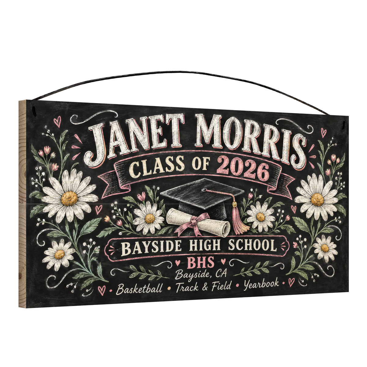Angled view of the personalized Class Of Chalkboard, Pink Daisy graduation 7 x 14 in pine wood sign, showing the board thickness and wire hanger