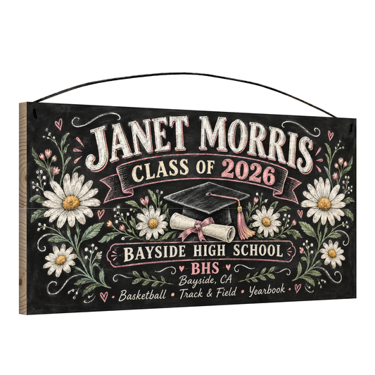 Angled view of the personalized Class Of Chalkboard, Pink Daisy graduation 7 x 14 in pine wood sign, showing the board thickness and wire hanger