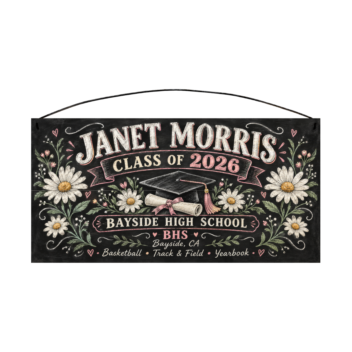Personalized Class Of Chalkboard, Pink Daisy graduation wood sign, 7 x 14 in — chalkboard-style lettering with white daisies, pink ribbons, a graduation cap and diploma
