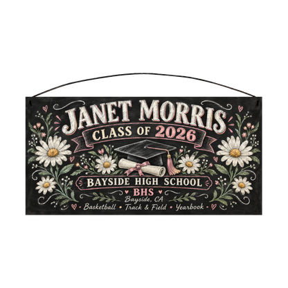 Personalized Class Of Chalkboard, Pink Daisy graduation wood sign, 7 x 14 in — chalkboard-style lettering with white daisies, pink ribbons, a graduation cap and diploma