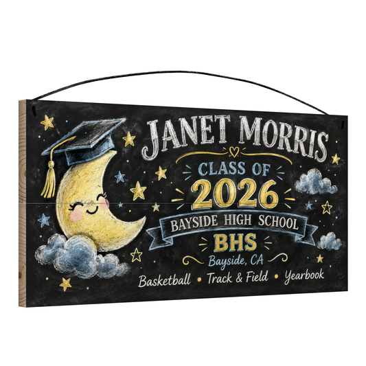 Angled view of the personalized Class Of Chalkboard, Crescent Moon graduation 7 x 14 in pine wood sign, showing the board thickness and wire hanger