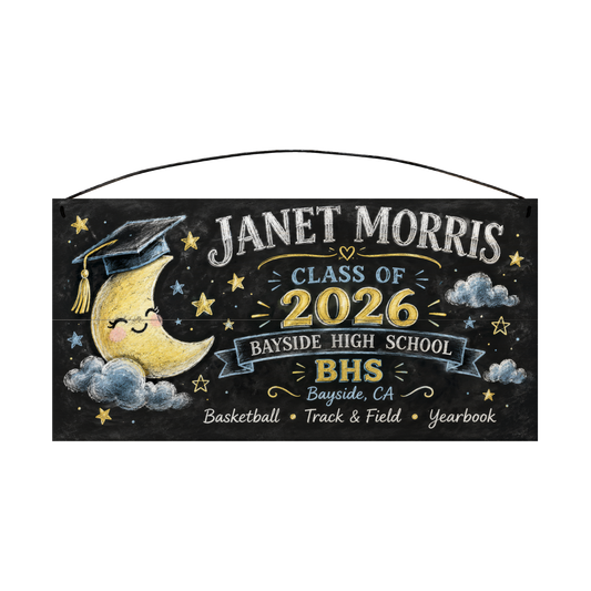 Personalized Class Of Chalkboard, Crescent Moon graduation wood sign, 7 x 14 in — chalkboard-style lettering with a smiling crescent moon in a graduation cap, stars and soft blue clouds