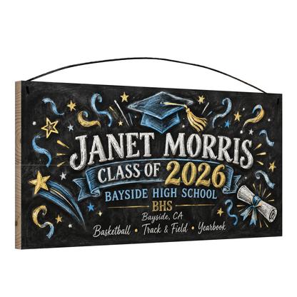 Angled view of the personalized Class Of Chalkboard, Confetti graduation 7 x 14 in pine wood sign, showing the board thickness and wire hanger