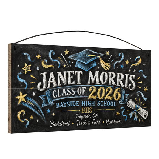 Angled view of the personalized Class Of Chalkboard, Confetti graduation 7 x 14 in pine wood sign, showing the board thickness and wire hanger