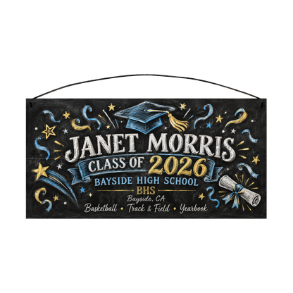 Personalized Class Of Chalkboard, Confetti graduation wood sign, 7 x 14 in — chalkboard-style lettering with blue and gold confetti, stars, a graduation cap and diploma