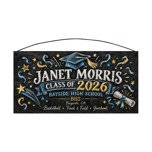 Personalized Class Of Chalkboard, Confetti graduation wood sign, 7 x 14 in — chalkboard-style lettering with blue and gold confetti, stars, a graduation cap and diploma