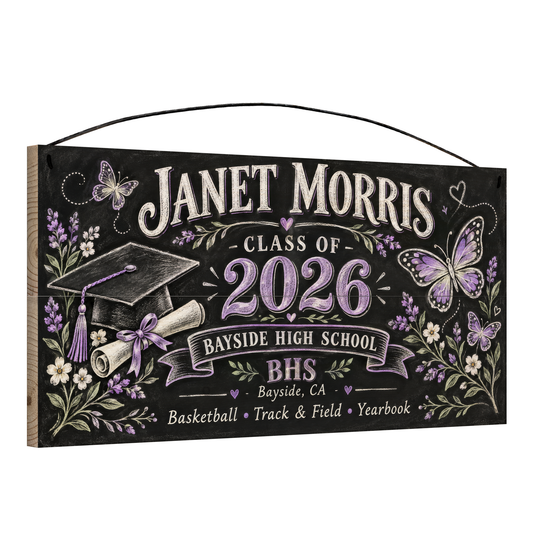 Angled view of the personalized Class Of Chalkboard, Lavender Butterfly graduation 7 x 14 in pine wood sign, showing the board thickness and wire hanger