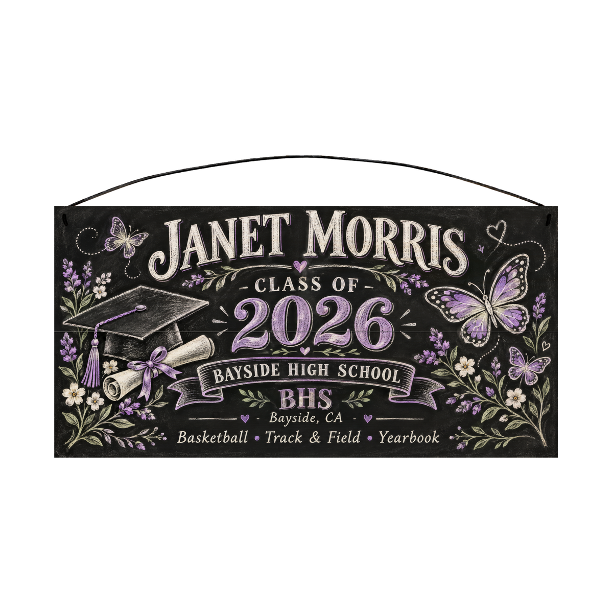 Personalized Class Of Chalkboard, Lavender Butterfly graduation wood sign, 7 x 14 in — chalkboard-style lettering with lavender butterflies, wildflowers, a graduation cap and diploma