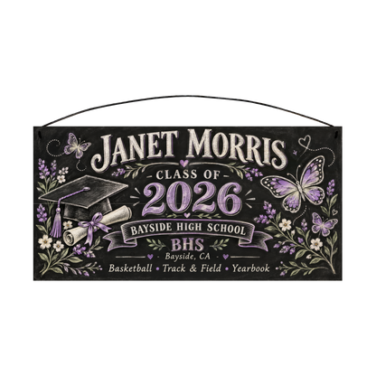 Personalized Class Of Chalkboard, Lavender Butterfly graduation wood sign, 7 x 14 in — chalkboard-style lettering with lavender butterflies, wildflowers, a graduation cap and diploma