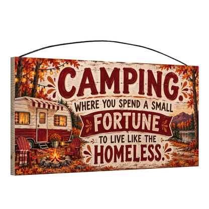 Angled view of Camping Where You Spend a Small Fortune Autumn Camper wood sign, 7 × 14 in, showing board thickness and wire hanger
