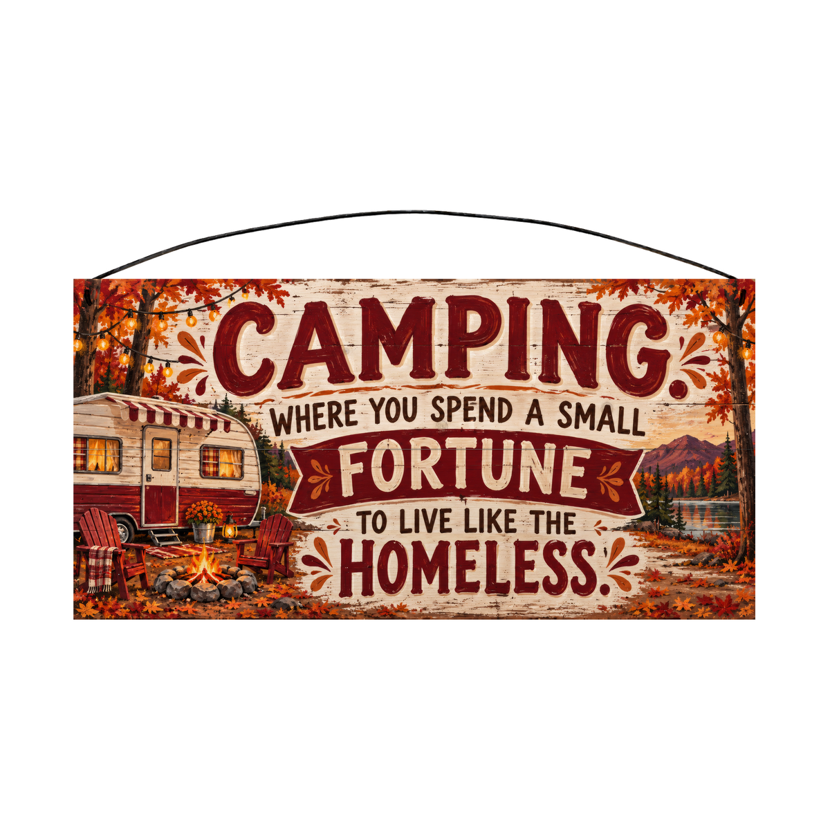 Camping Where You Spend a Small Fortune Autumn Camper Wood Sign, 7×14 — solid pine