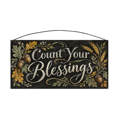 Count Your Blessings Acorn & Wheat Chalkboard wood sign, 7x14, front