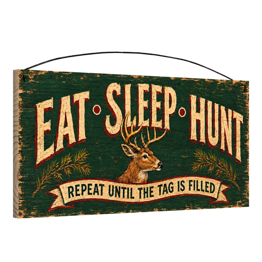 Angled view of the Eat Sleep Hunt 7 x 14 pine wood sign showing the board edge and hanging wire