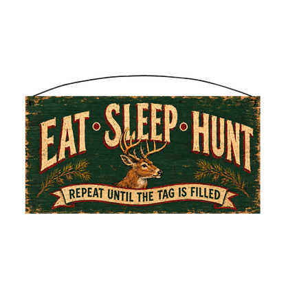 Eat Sleep Hunt Repeat Until the Tag Is Filled whitetail wood sign, 7 x 14 inches — solid pine