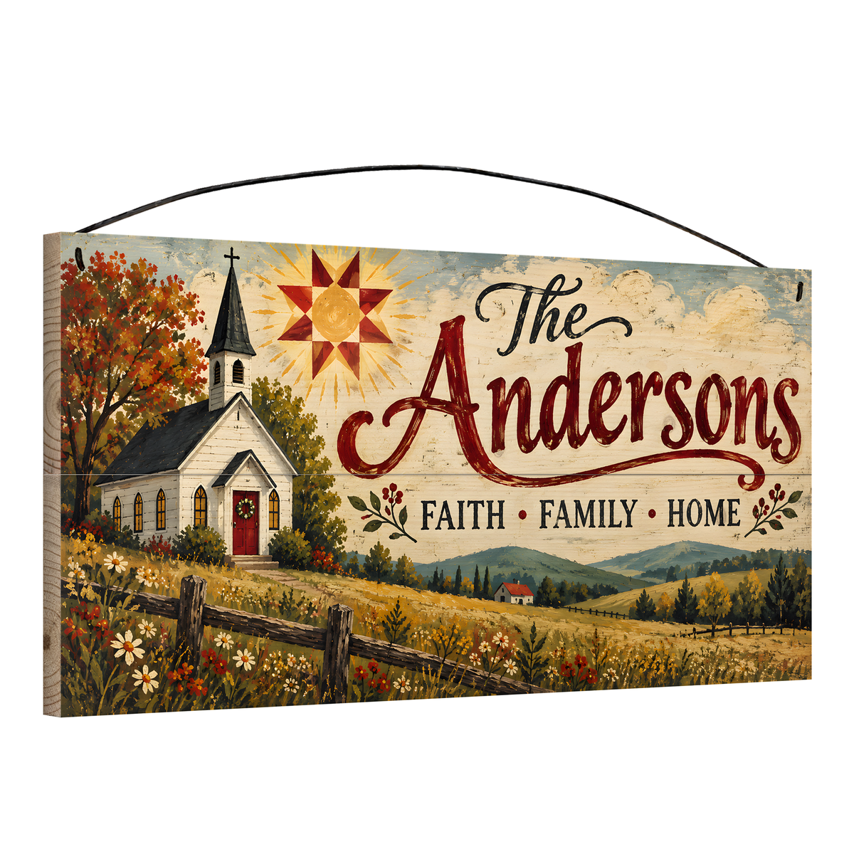 Personalized Faith Family Home Wood Sign — angle view showing the pine edge and wire hanger