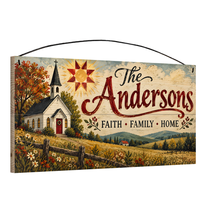 Personalized Faith Family Home Wood Sign — angle view showing the pine edge and wire hanger