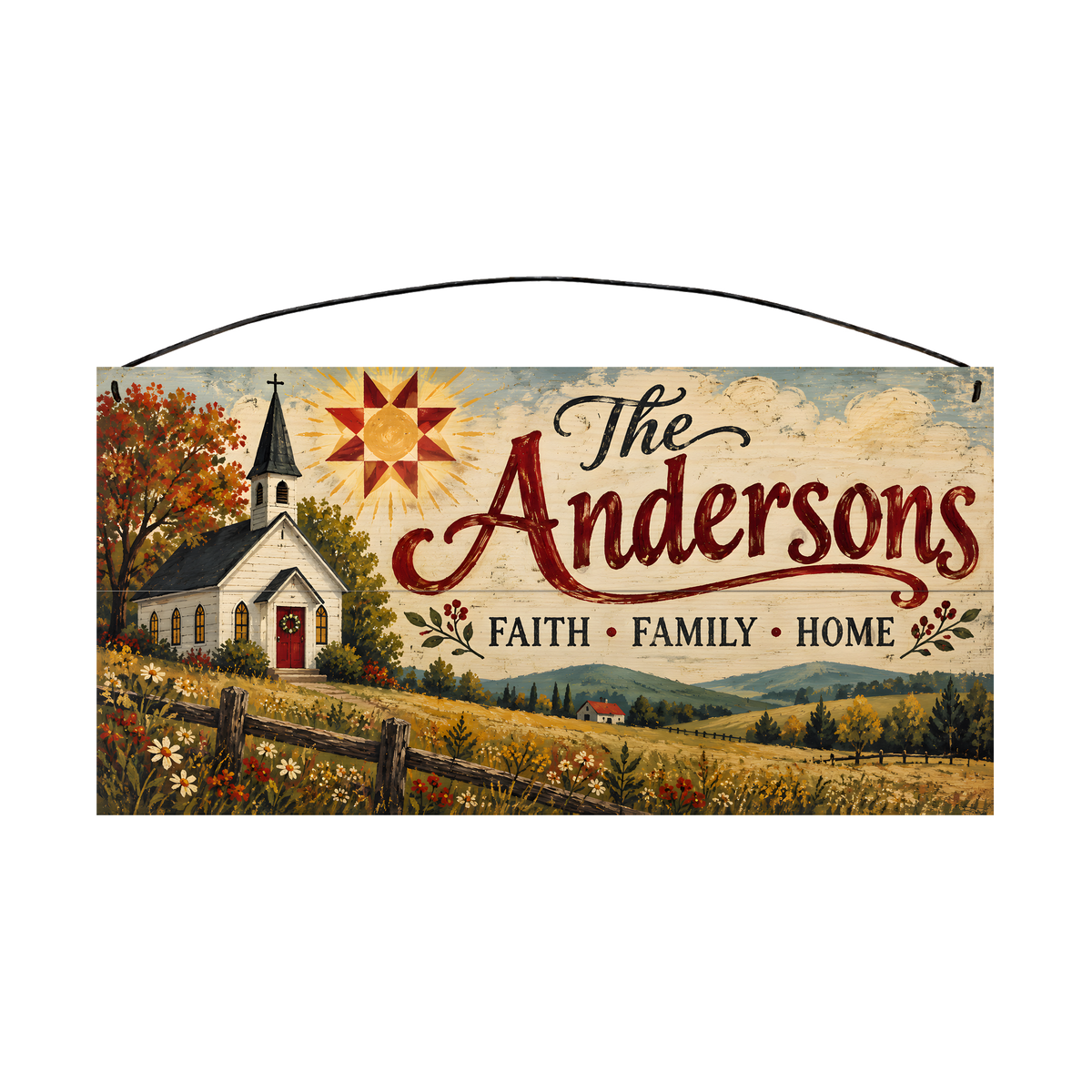Personalized Faith Family Home Wood Sign — front, shown with sample wording